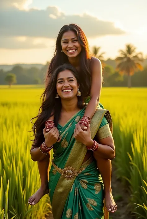 Create a realistic photograph of a smiling and beautiful indian actress in silk saree is carrying a large stout man on her shoulders in a paddy farm, man is sitting on top of her shoulders , man on top, woman standing at bottom 