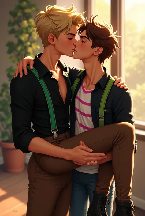 Jesse and Lukas, I want Lukas to carry Jess in his arms. Lukas, blonde and aqua eyes, Hes holding Jesse . Jesse, brown hair and green eyes, run his hands through Lukas shoulders while kissing him. Jesse wears a black shirt with green suspenders, brown pant...