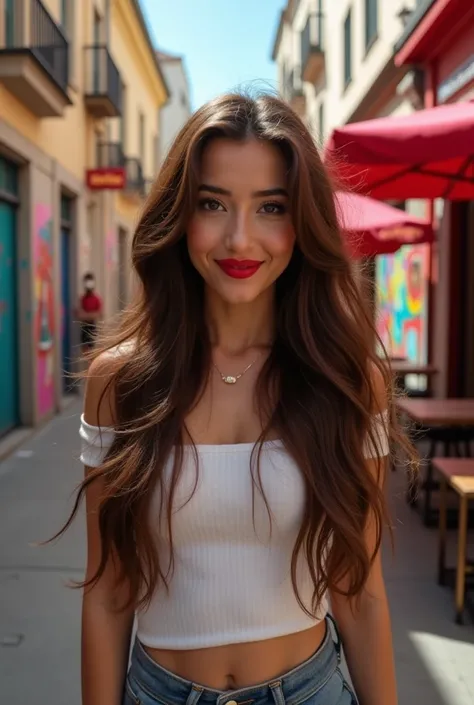  create a 30-year-old woman with long brown hair and red lipstick, a digital influencer, facing the camera, 