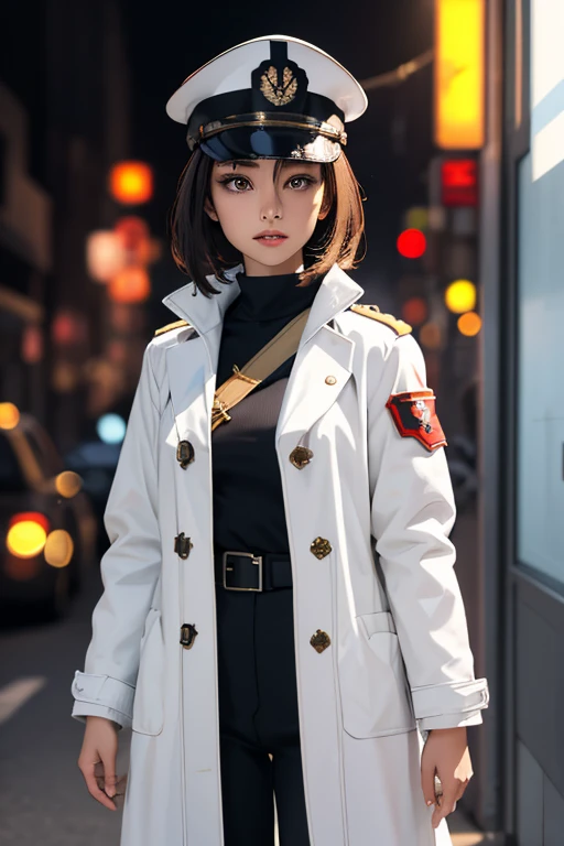 Highest quality　High resolution　Simple　White military uniform with a stand-up collar　army officers　military cap　class seal　white open coat　Baggy　Long bangs　Adult female　Casual expression　cute　Strong posture　Dynamic Lighting　（（head to waste:1.8））