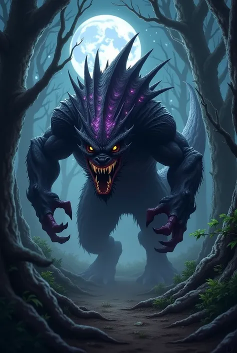 Humped monster with large fangs, black fur with purple streaks, with seams and barbed tail