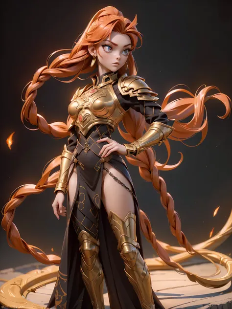 (((masterpiece, best quality, high detailed, 16k))) (1girl) A fierce warrior princess with fiery red hair braided with golden threads, wearing a dazzling suit of obsidian armor decorated with intricate gold filigree. Her piercing amber eyes burn with inten...