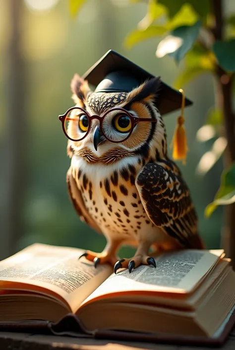 Imagine an owl with round glasses and a graduation cap, standing on an open book  