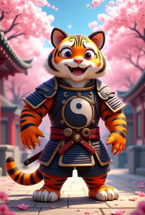 Animated samurai tiger  biped, with yang and yang colored fur. funny face