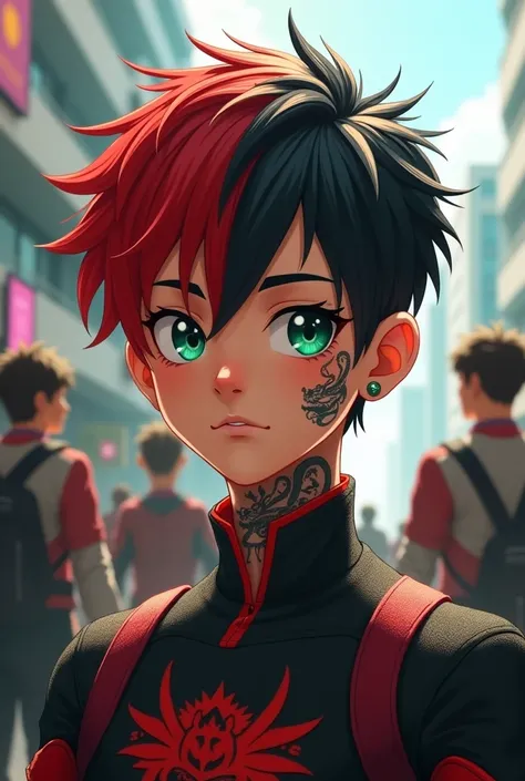 oc de my hero academia. 
A 17 year old boy with short hair, red on one side and black on the other., water green eyes with a dragon tattoo on his neck, Hes wearing the UA uniform, with a piercing in his right ear on the top.