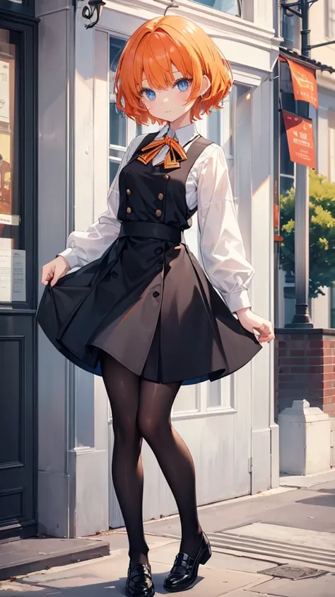 (Highest quality,Very detailed,Short stature girl),black tights,Orange Hair,short hair,cute,blue eyes,Wearing a black high school uniform,Her eyes are white and shining,Her eyes are white and shining,