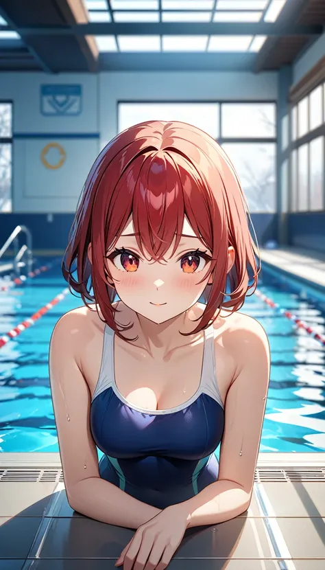 (masterpiece:1.2), game CG, highest resolution, official illustration, three-dimensional coloring, detailed coloring, (detailed description:1.3), (artistic beauty:1.3), (1girl:1.2), (solo:1.2), (cute:1.2), young girl,

red short hair, wearing a school swim...