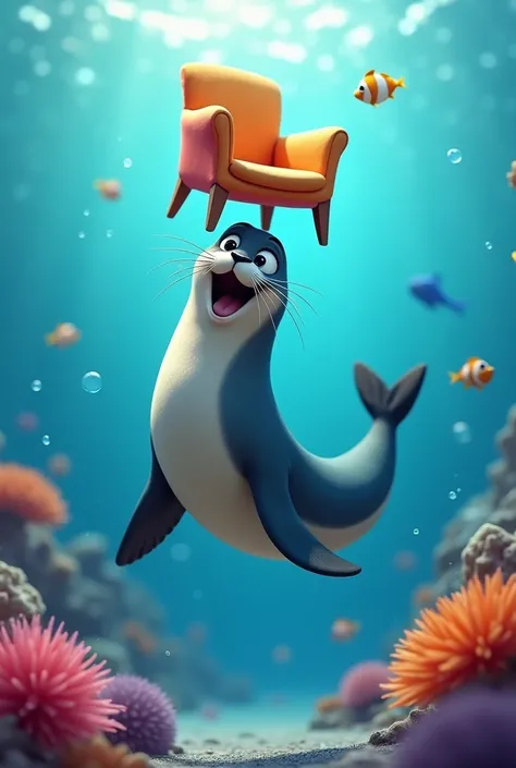 An animated seal carrying an animated chair with its nose