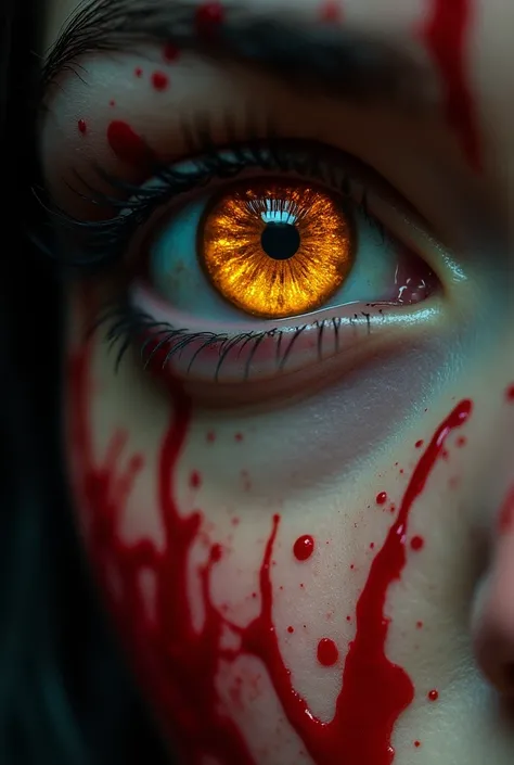 Make the eyes of a , with honey-colored eyes, showcasing every detail. The photo format is youtube style, and the background with blood splatters 