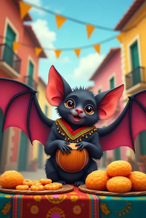 Simple cute cartoon drawing of a bat dressed as a tambor de crioula (a traditional Afro-Brazilian musical instrument) in Salvador, Brazil, selling acarajé (a typical Brazilian dish).