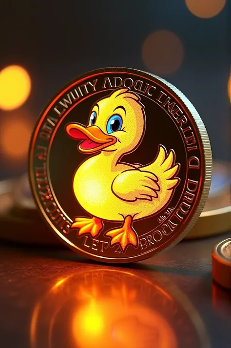 A coin featuring a cartoon duck logo, animated in a Bitcoin-style illumination., realistic texture, high resolution, comely, highest quallity, work of art , highly detailed