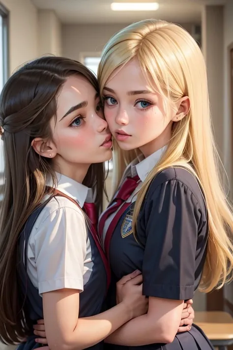  girls wearing school uniform ,A blonde girl kissing a brunette girl, inside the school&#39;s girls&#39; bathroom, hugging 