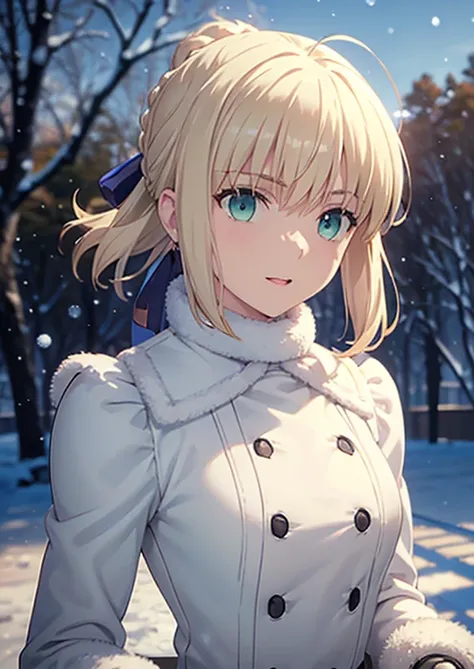 masterpiece, beautiful detail, beautiful light and shadow,Beautiful Anime Woman, Beautiful art style, Anime characters,1girl, ((((solo)))),saber,blonde hair, short hair, hair ribbon,((((winter coat with fluffy white fur lining the cuffs and collar)))),long...