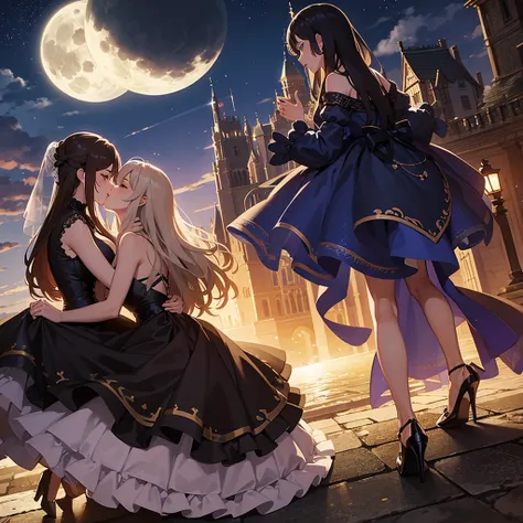 It generates a couple of women on top of a castle in the moonlight while wearing long evening dresses and high-heeled shoes, while they kiss very passionately in the moonlight. 