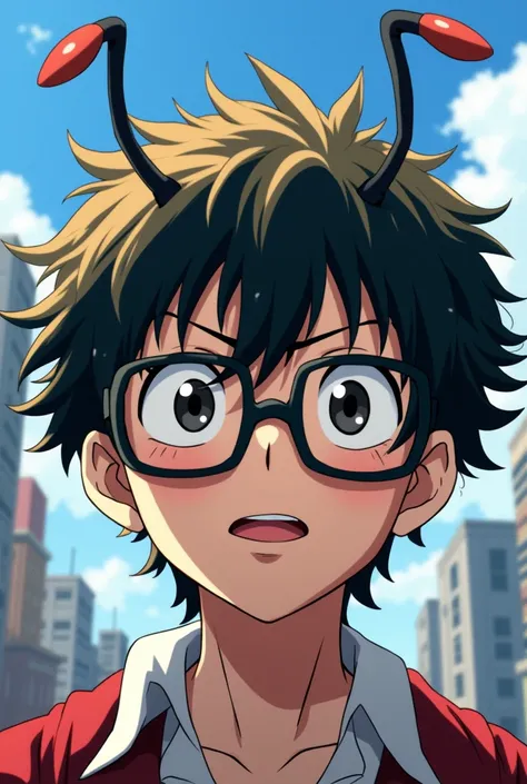 in the "my hero academia" art style, male, big dark eyes, light brown medium length hair,square glasses,  a pair of insect-like antennae.