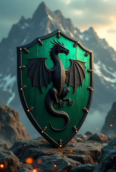 Emerald green shield, black and silver, with a black-scaled dragon 
