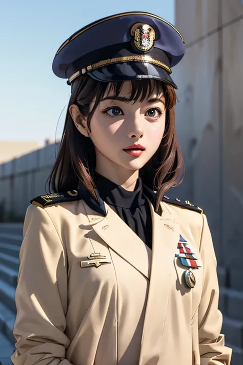 Highest quality　High resolution　Simple　White military uniform with a stand-up collar　army officers　military cap　class seal　white open coat　Baggy　Long bangs　Adult female　Casual expression　cute　Strong posture　Dynamic Lighting　