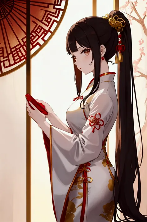 anime girl, chinese long dress with ponytail cuff hairstyle