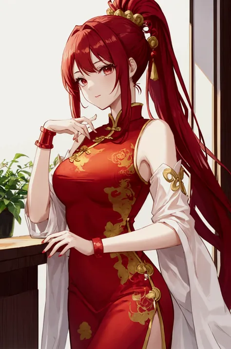 anime girl, chinese long dress with red ponytail cuff hairstyle