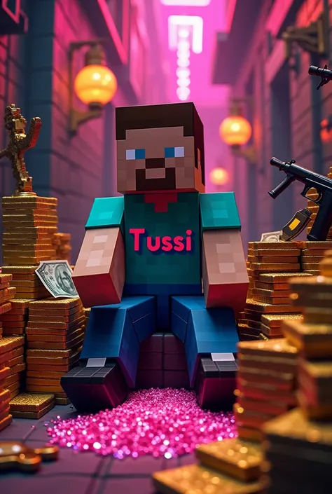 create a minecraft steve sitting where there are drugs guns,, money like a mobster and have your shirt say Tussi.. Dont forget the pink cocaine