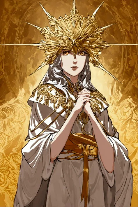 miquella the kind fused with gwyndolin,  3/4 angle, lookinfg at viewer, hair gradient from silver to gold, beautiful robes