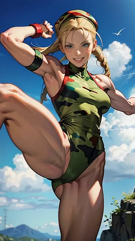 CAMMYEpic CG masterpiece, from Capcom game Street Fighter, cammy, Cammy White (character name), red beret, camouflage face paint, confident smile, legendary fighting, skills, martial arts expert,lightning kick, spinning bird kick,
