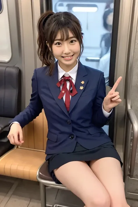 kashiwagi yuki、cute、smile、ponytail、sitting in a train seat、double peace、ponytail、ribbon、hairpin、navy recruit suit、tight mini ski...