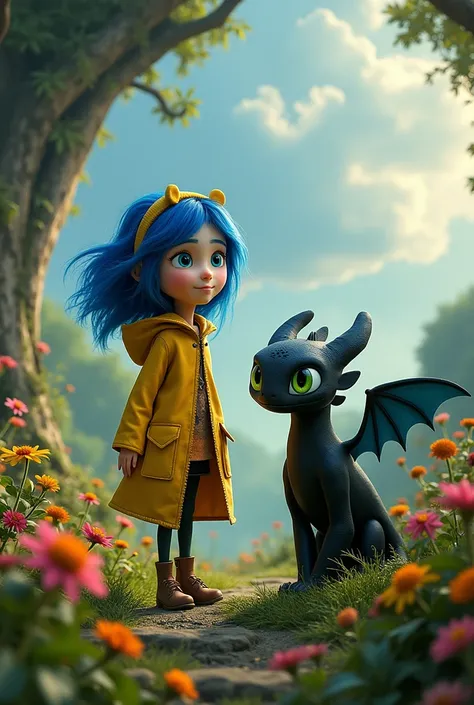 Draw a picture of Coraline from the movie "Coraline and the secret door", and next to it have Toothless from the movie "how to train your dragon"
