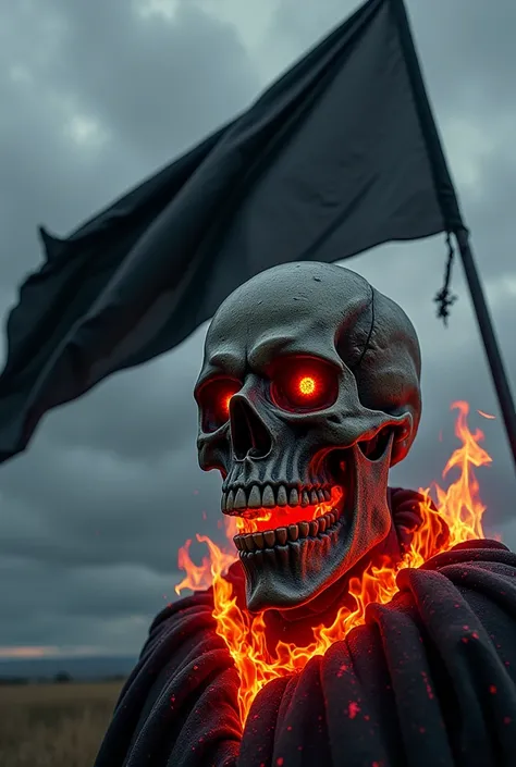 an all black flag, red details on the skull sculpture of a smoulg, pulling towards a black in the eyes and fiery mouth