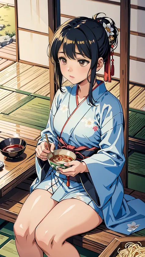 a woman wearing a yukata (traditional japanese summer kimono) and eating somen noodles. the woman is seated on a traditional jap...