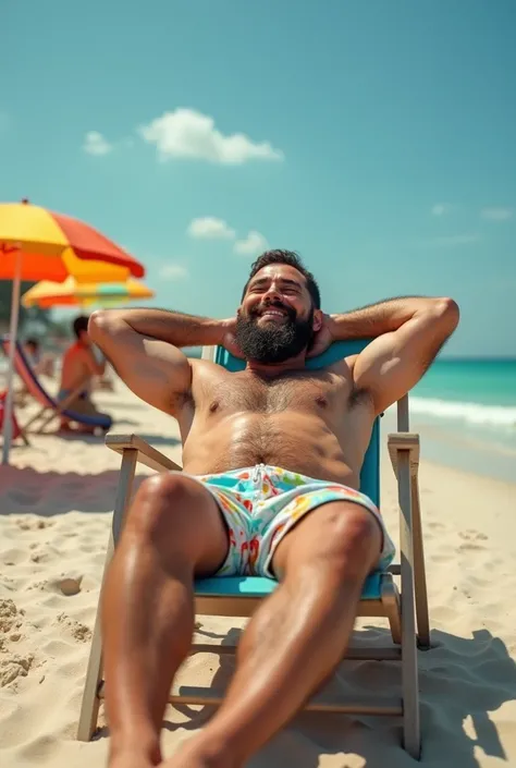 dad with a beard, wearing shorts, hypnotized, sleepwalking, lifeguard (dad), eyes open vacant,  sitting chair, (legs raised) extended, arms raised extended forward, (feet up), big smile, hairy chest