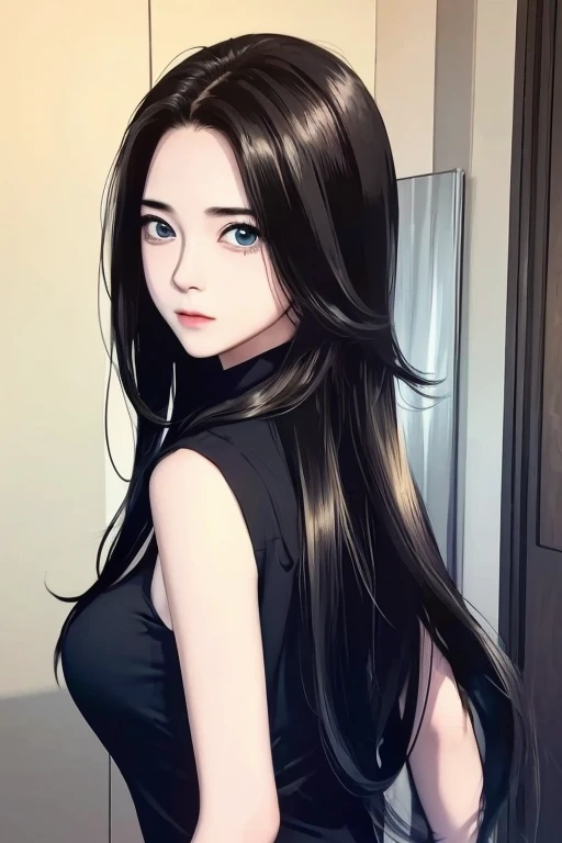 best quality at best,,reslisticstyle, (girl 15 years old), colossal tits:1.5, shin yuna, black hair, (long straight hair), eyeli...