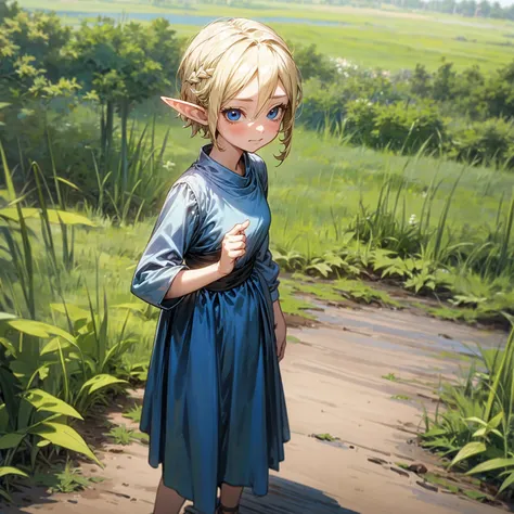 solo character, full body version, kid girl, (elf), blue eyes, blonde color hair, short haircut, blue dress, short dress, sandal...