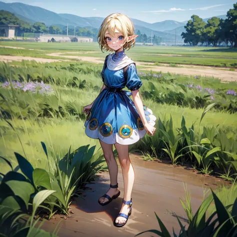 solo character, full body version, kid girl, (elf), blue eyes, blonde color hair, short haircut, blue dress, short dress, sandal...