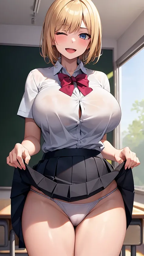 (gleaming skin:1.3), (18yo girl:1.8), blush, laughing, A milf with blonde short hair, tan skin, sky-blue eyes, open mouth, wearing a white bikini, breast,standing, (classroom:1.6). arms behind back. 1girl, extremely detailed CG, super detailed skin, perfec...