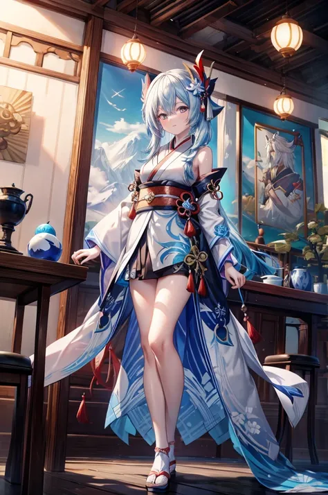 Anime girl in a blue and white dress holding a blue ball, Onmyoji, Onmyoji detailed art, Onmyoji portrait, White-haired deity, keqing from Genshin Impact impact, Genshin Impact, From Ark of Tomorrow, zhongli from Genshin Impact impact, heise jinyao, by Shi...