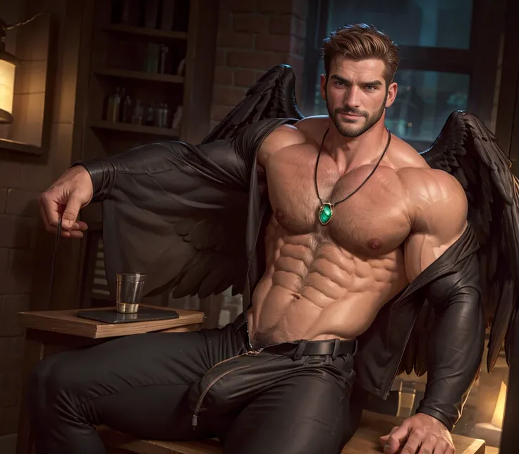 ((masterpiece)) ((4k resolution)) ((Whole body)) ((dark angel)) 30 year old man, Light brown hair, short hair, eyes the color of honey, bright Eyes, male face, three-day unshaven beard, intense and seductive look, with angel wings, black wings, muscled bod...