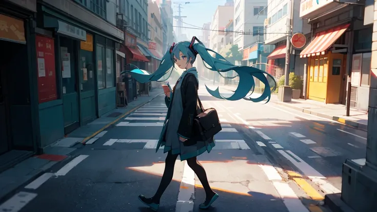 masterpiece, Highest quality,One person, hatsune miku, "Sidewalk Stories" - （People crossing the street々Lyrics of the story