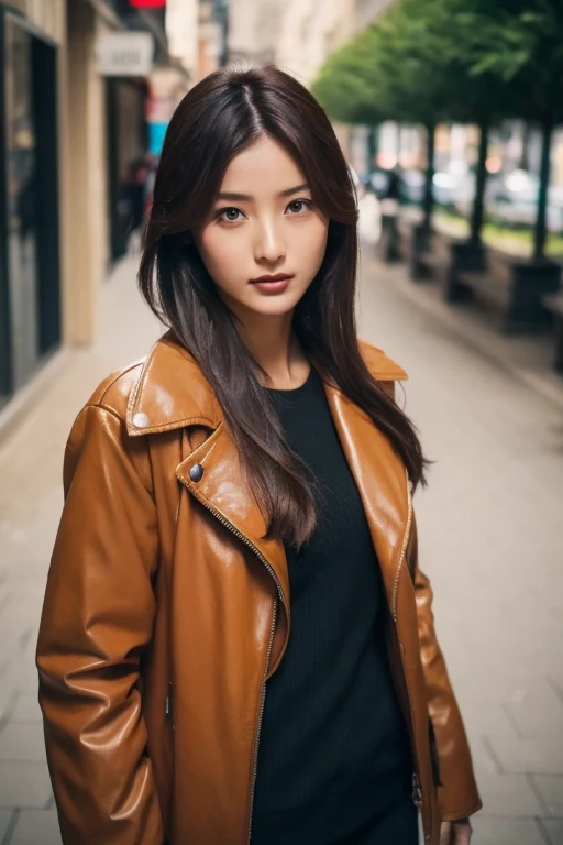 woman in a brown jacket posing for a picture,