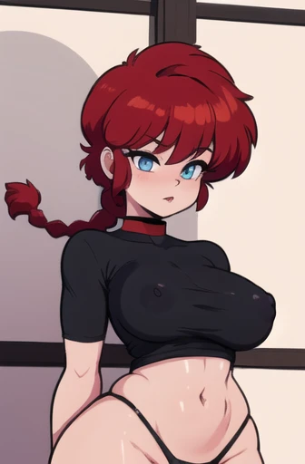 Ranmachan, Red hair, Braided hair, blue eyes, detailed eyes, Whole body, lindosexyrobutts, tight black blouse, black crop top, exposed navel, clothing attached to the body, tanga sexy, NSFW,  sexy woman, perfect body, large and firm breasts