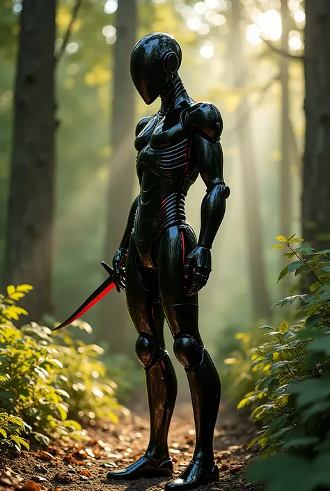 Photorealistic, ultra-high-quality, extremely detailed image of a humanoid guardian with mechanical body parts, sleek metallic limbs, and a black glossy sheen with red and gold highlights, dangerous looking, assassin, sleek, smooth, quiet. The guardian has...