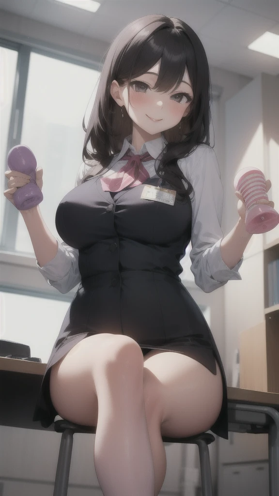 one person, office lady, office, smile, holding, holding_onahole,