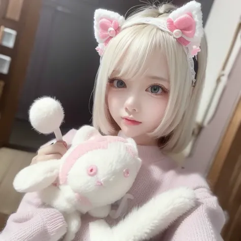 There is a lady holding a plush toy, Hello Kitty;, Trends in CGTacing:, very beautiful and cute kitten, Popular content on cgstation, Sakimichan, Surreal sweet bunny girl, Nguyen Vtubers father, Hello Kitty, 480p, 4 8 0 points, Linda Delfina, Charming cat ...