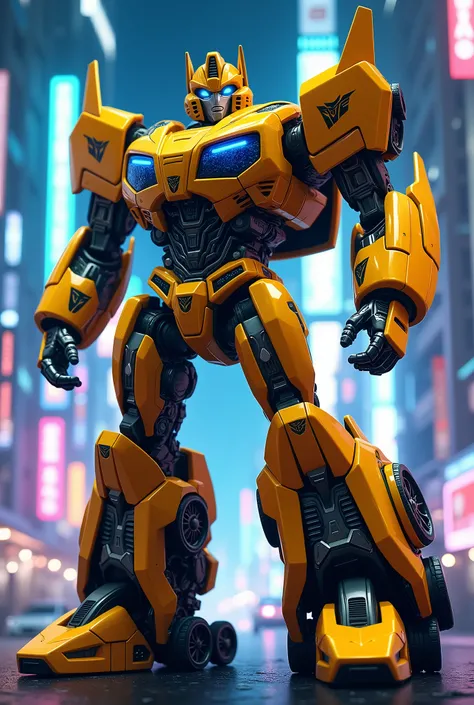 a highly detailed transformers g1 autobot bumblebee as a yellow truck and car,extremely detailed cybernetic machinery, japanese anime style, intricate mechanical design, glowing energy effects, dynamic poses, cinematic lighting, vibrant colors, photorealis...