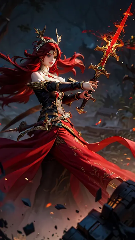 （best quality,masterpiece,Ultra-high resolution,photoactual:4：0),In the ruined castle,beauty,Elegant temperament,an oriental woman,25 years old,8k,Long flowing red hair,Devils Horn,Big breasts,cleavage,,Wearing red lolita style,Magic Effects,steel sword,Bl...