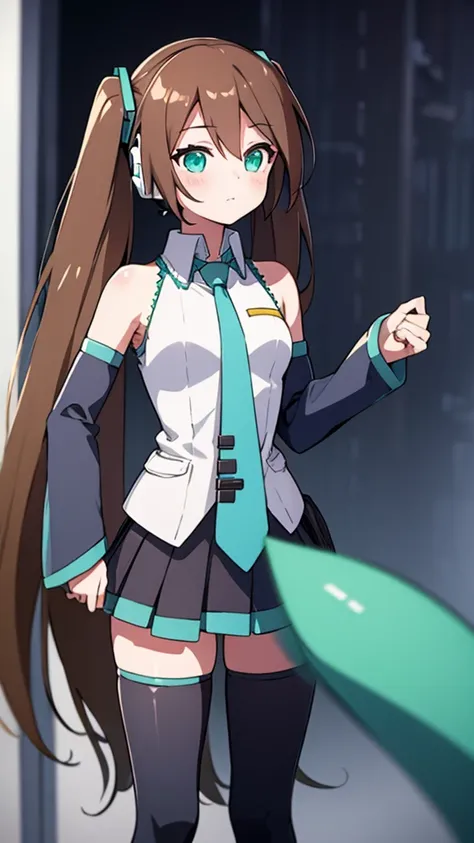 Aile_Megmanzx , 1girl, Long hair,  Green eyes, Brown hair, Hatsune Miku Cosplay