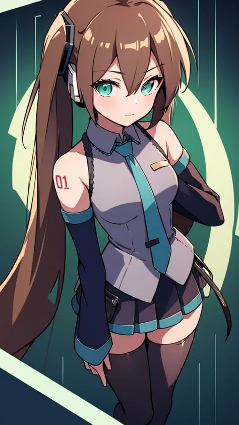 Aile_Megmanzx , 1girl, Long hair,  Green eyes, Brown hair, Hatsune Miku Cosplay