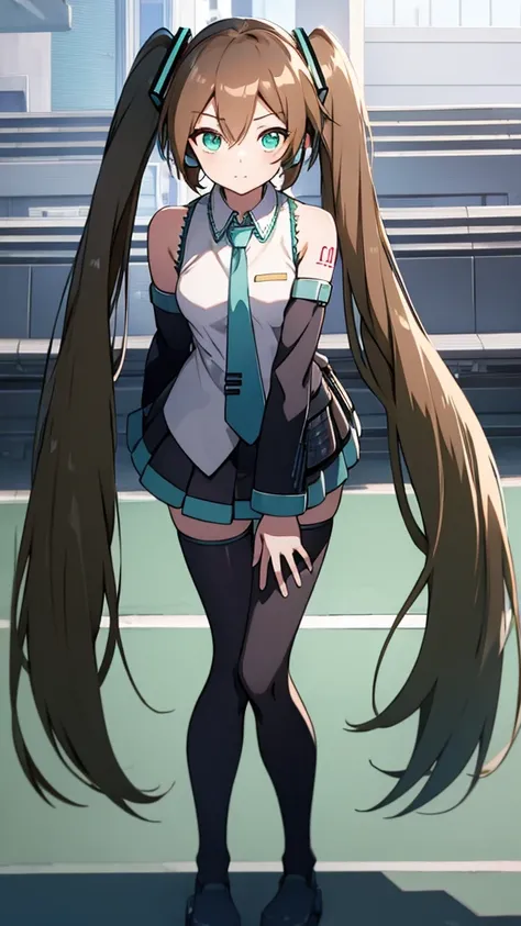 Aile_Megmanzx , 1girl, Long hair,  Green eyes, Brown hair, Hatsune Miku Cosplay