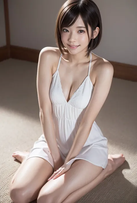 A slim  who is a model for a Japanese idol magazine、Sitting on the floor wearing a whiteベアトップ summer dress.　White realistic textured skin、High resolution, masterpiece, accurate, Anatomically correct, Winner of numerous awards, 最高quality, High detail, High-...