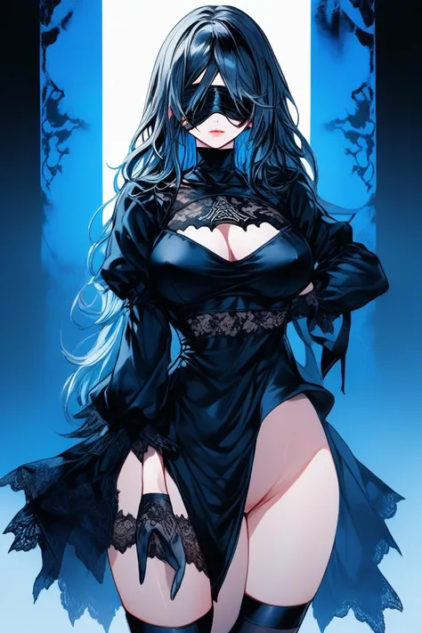 
Illustrator, anime , Realistic ,sketch , 1 person, model, lip, A translucent gothic black mini dress with lots of lace, blindfold, eye covered, black blindfold, order, Blue gradient background, Neon colored long hair, Big Breasts,Upper Body, Sexy look, Se...